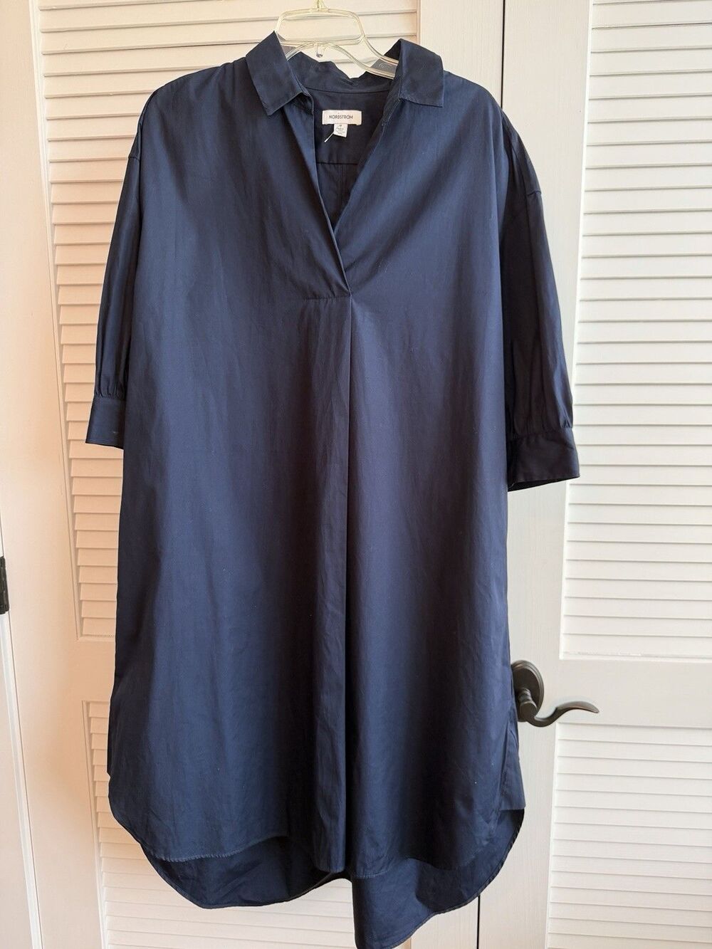 Nordstrom Popover Shirt Dress M Navy 100% Cotton Oversized Relaxed Midi NWOT
